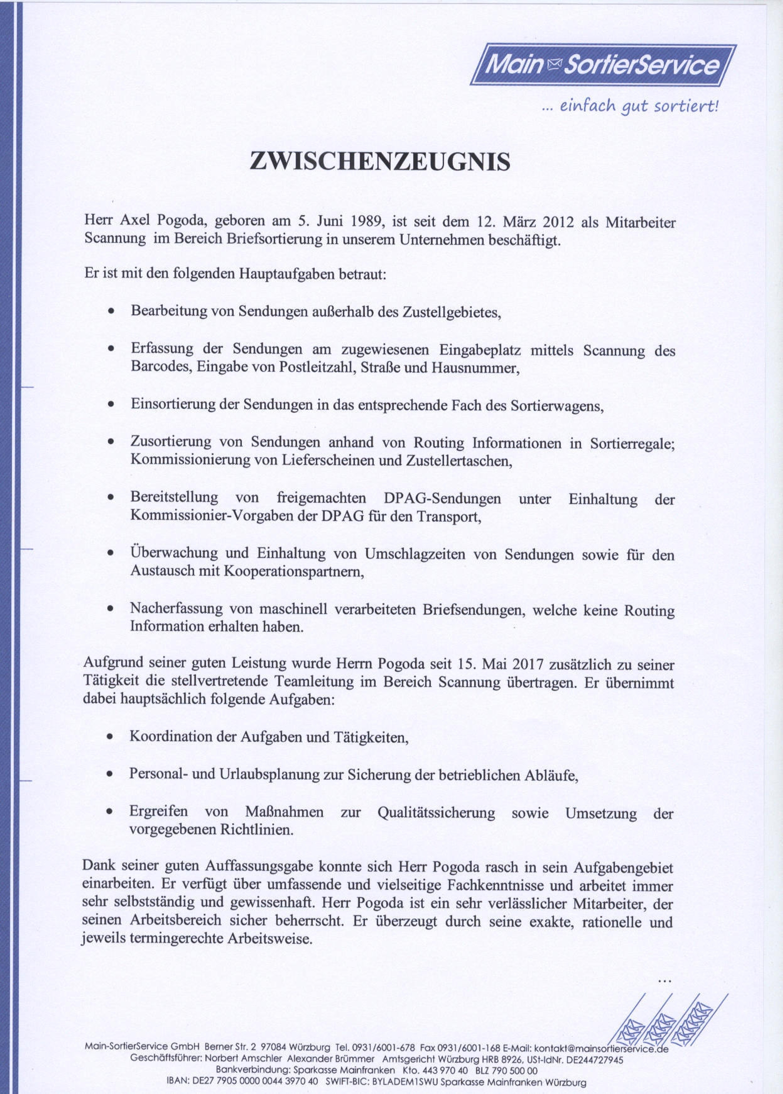 Arebtiszeugnis Main-SortierService Teil 1