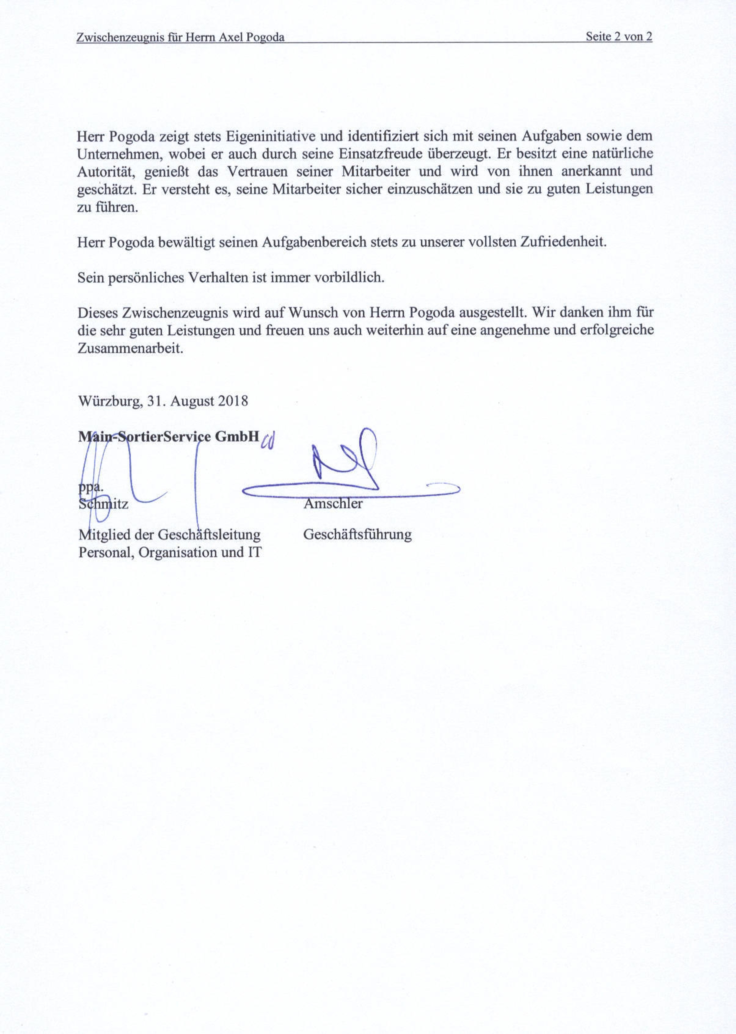  Arbeitszeugnis, Main-SortierService Teil 2