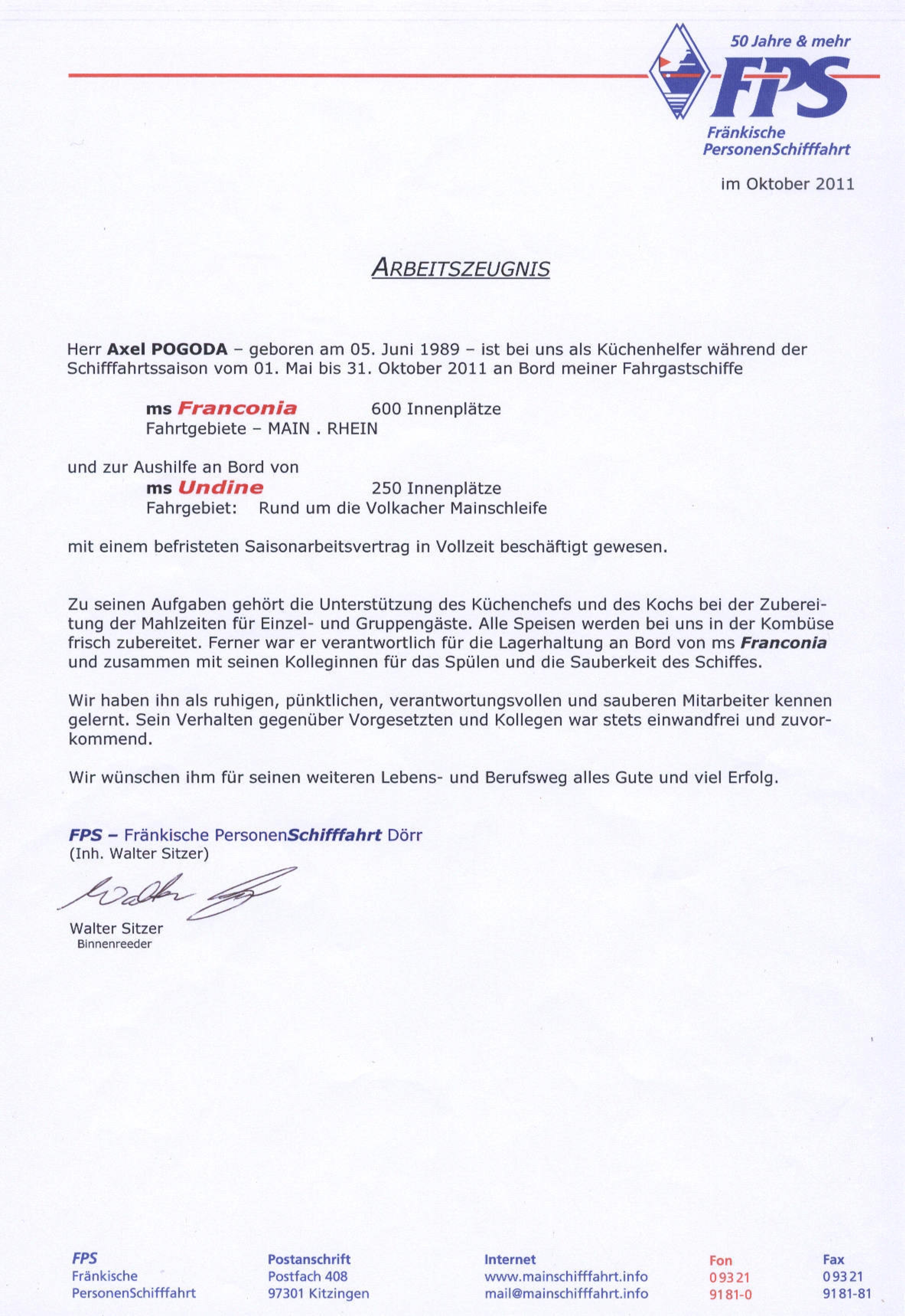 Arbeitszeugnis, Fränkische Personen Schifffart