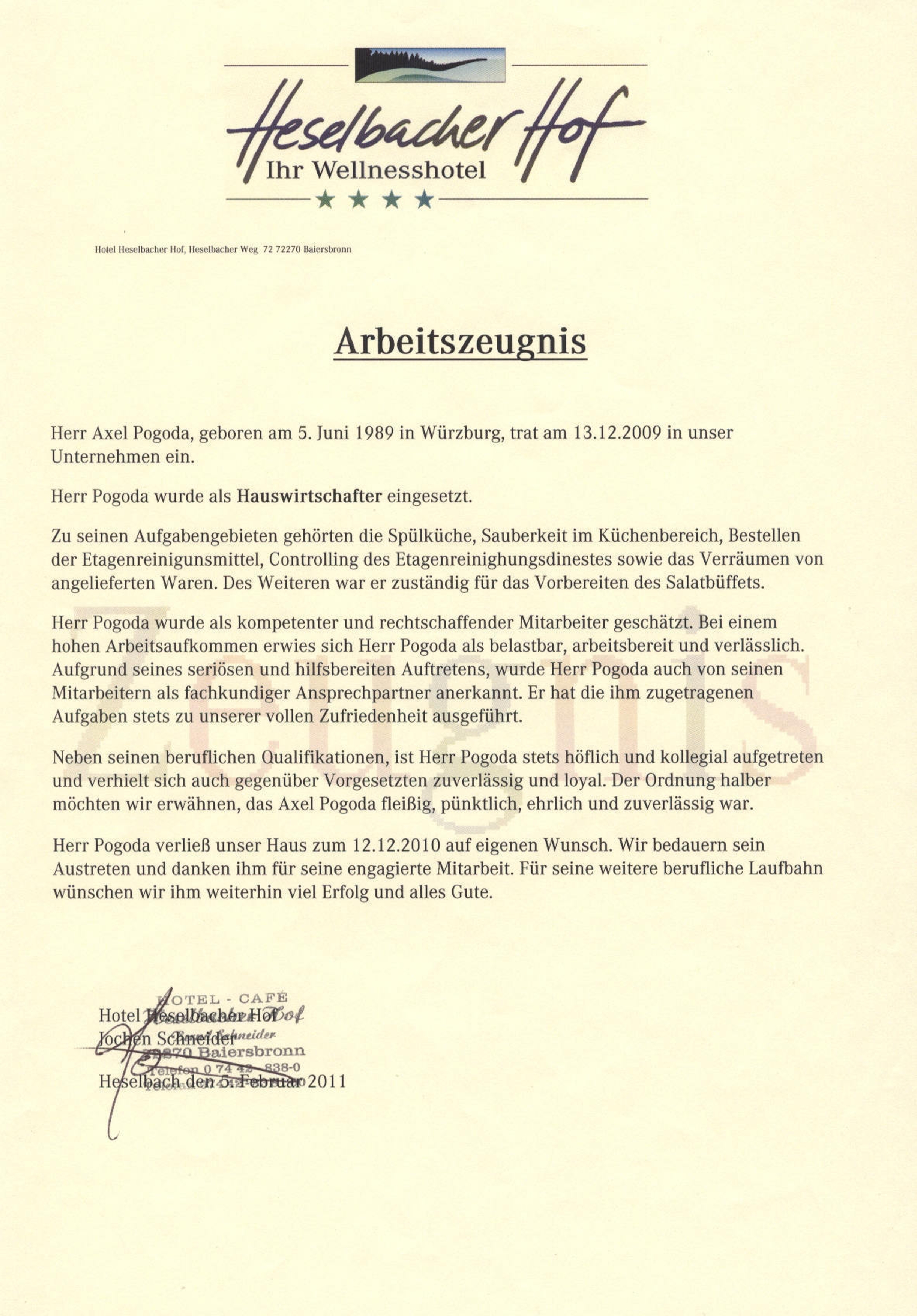 Arbeitszeugnis, Vier Sterne Hotel Heselbacherhof