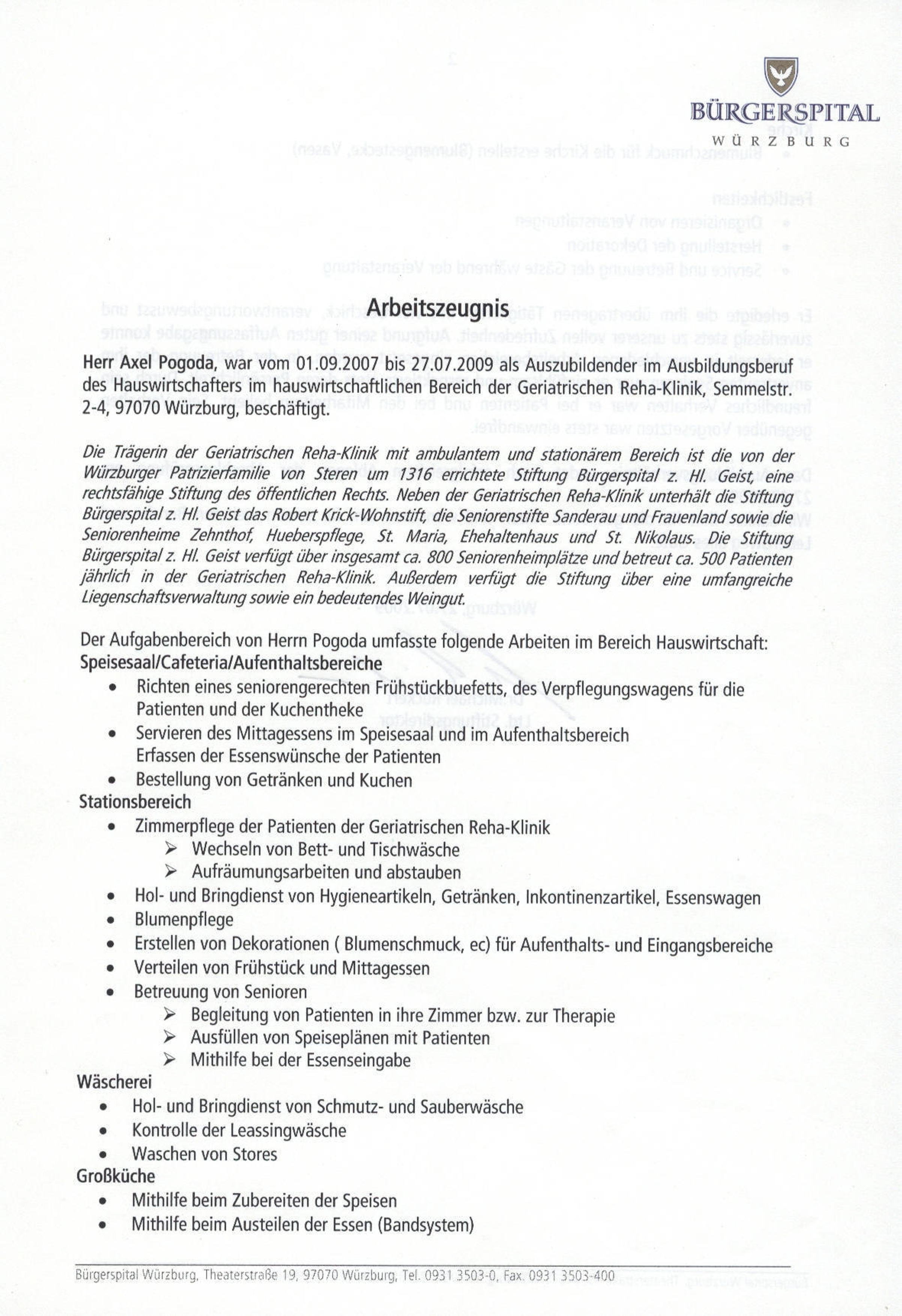Arbeitszeugnis Teil 1, Bürgerspital Würzburg