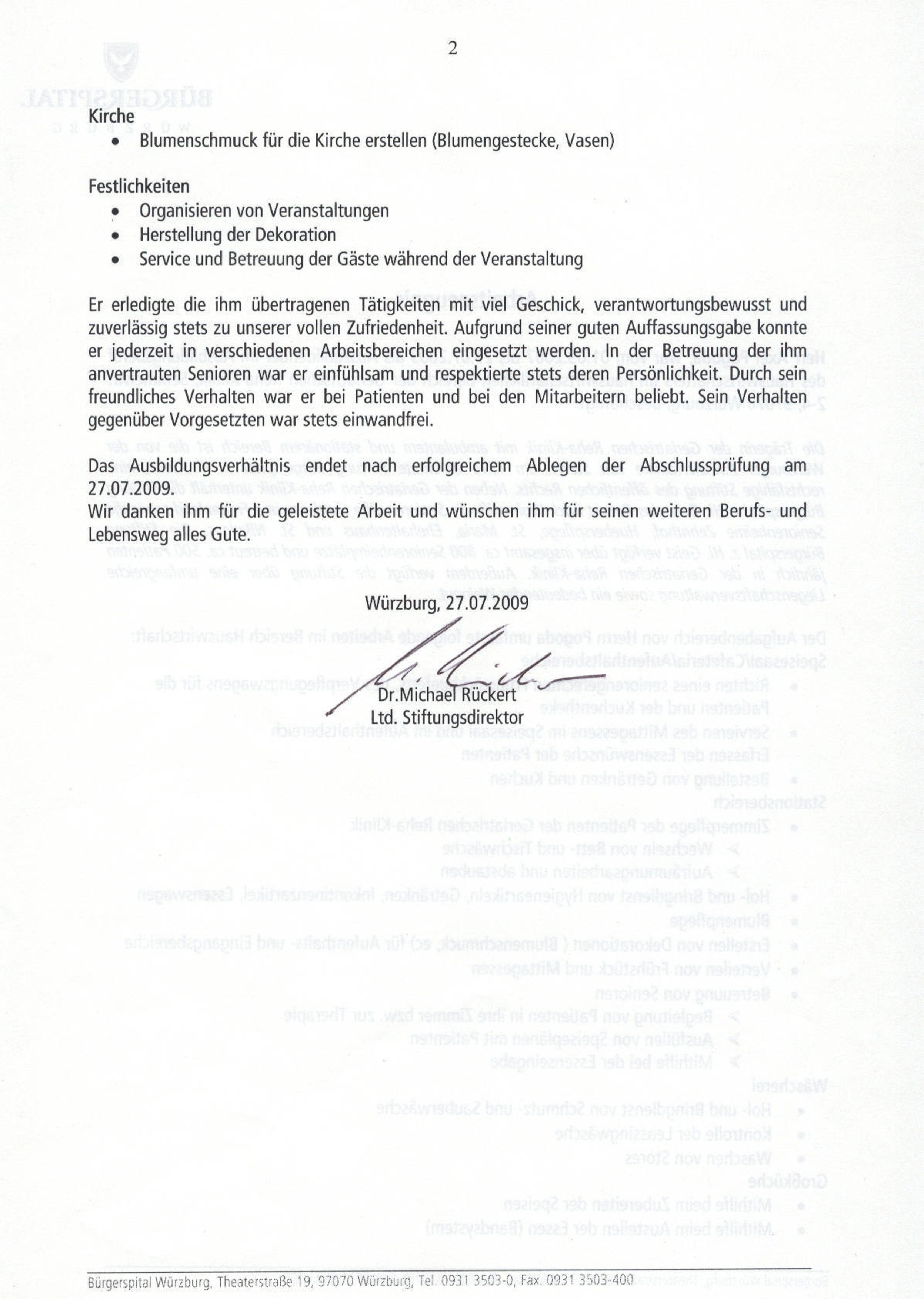 Arbeitszeugnis Teil 2, Bürgerspital Würzburg