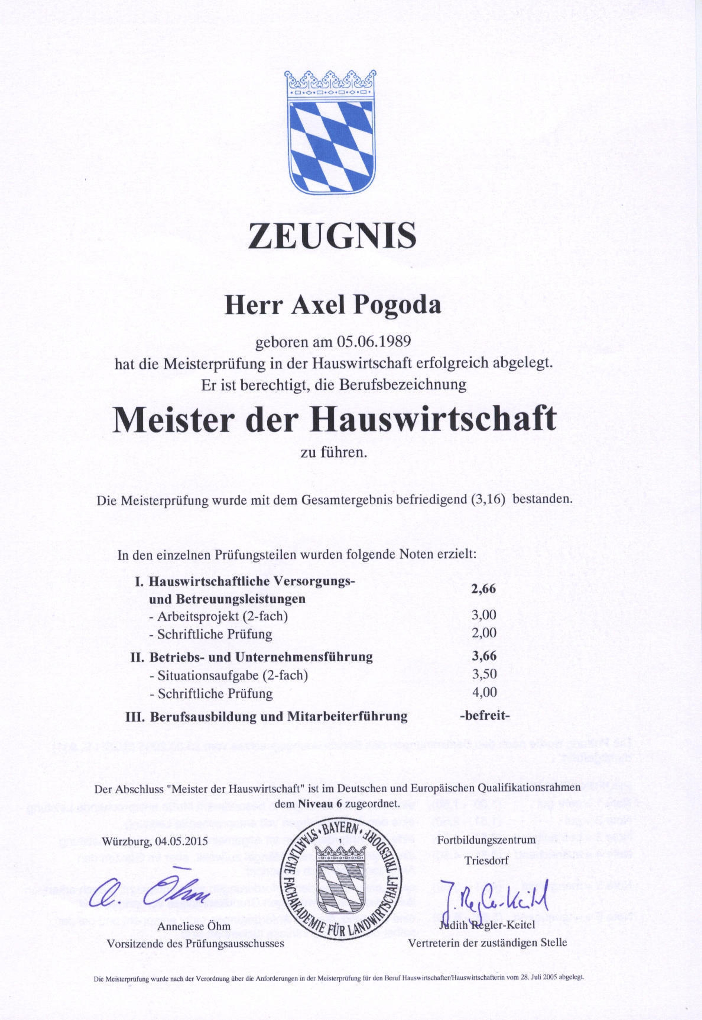 Abschluss Zeugnis Hauswirtschaftsmeister