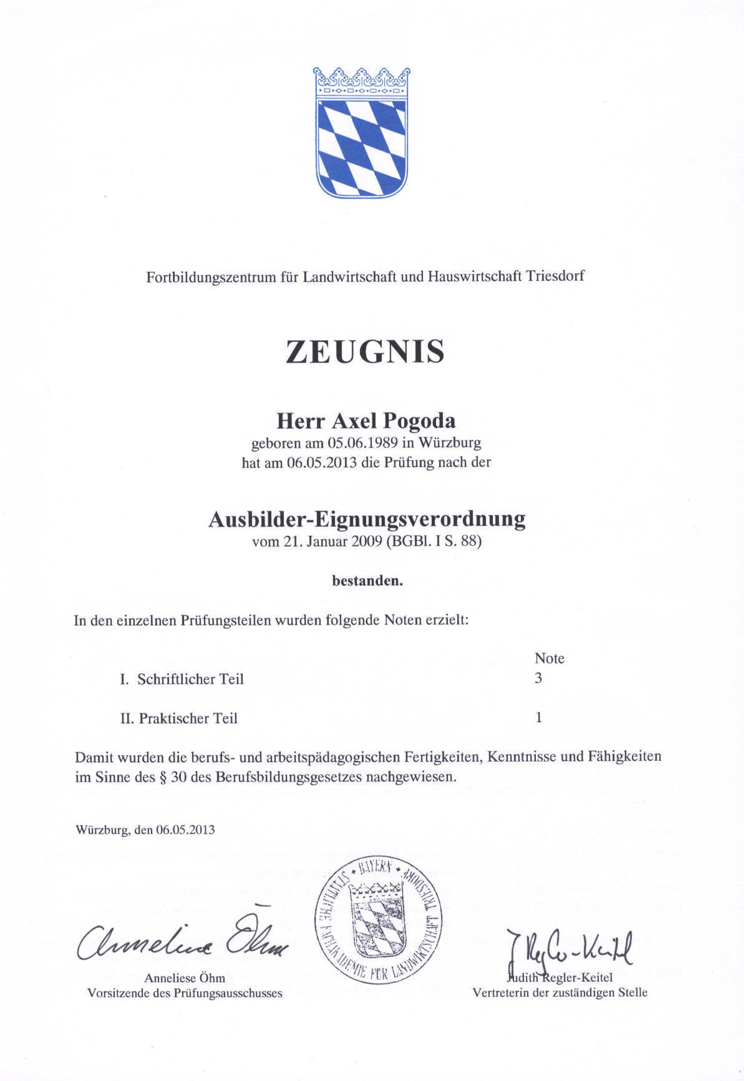 Abschluss Zeugnis Ausbilder Eignungsprüfung